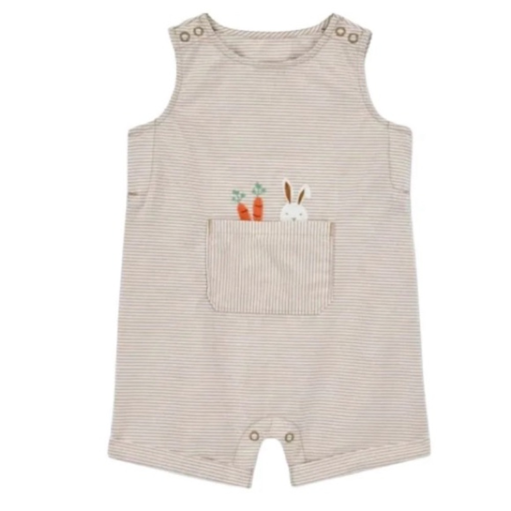 Carter's Baby White/Tan Striped Bunny Romper Onesie- 9 months